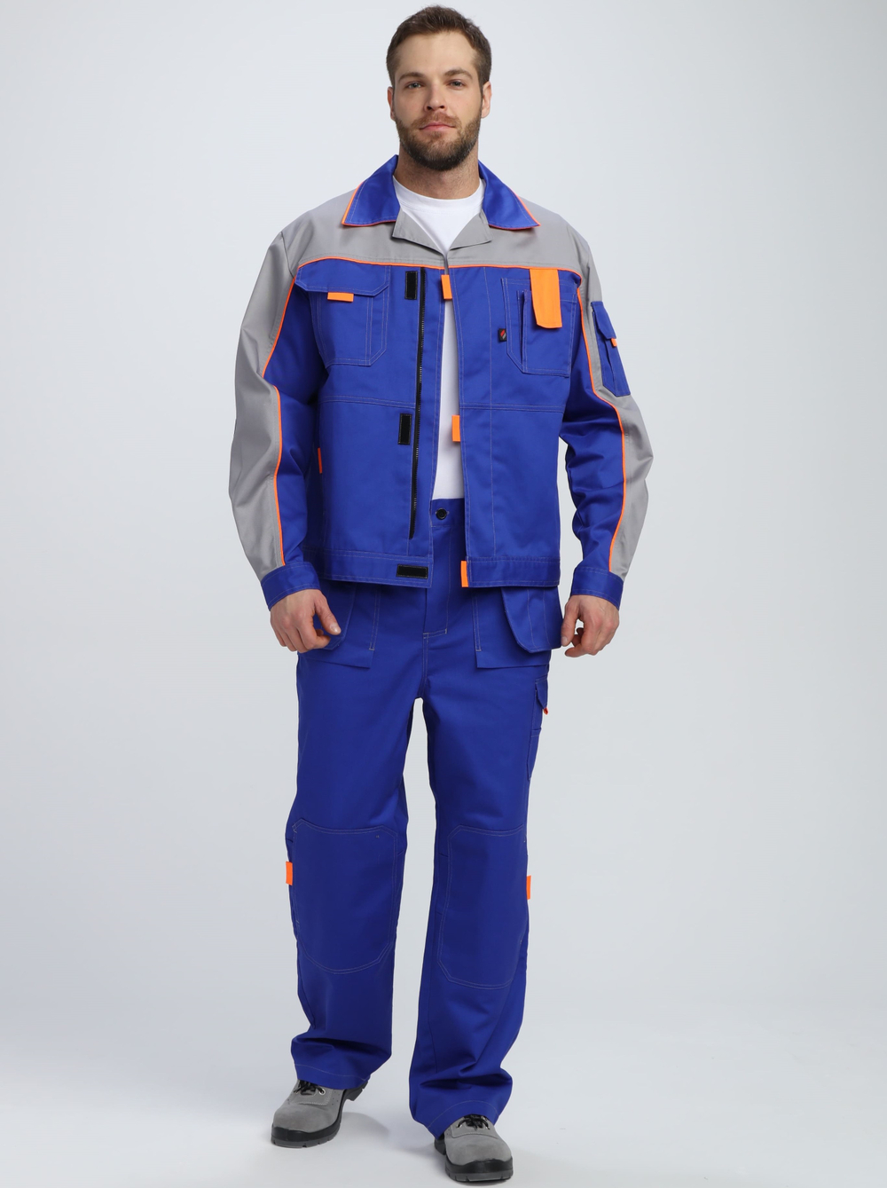Костюм Драга-1 (тк.Смесовая МВО,240) брюки, васильковый/св.серый/оранжевый