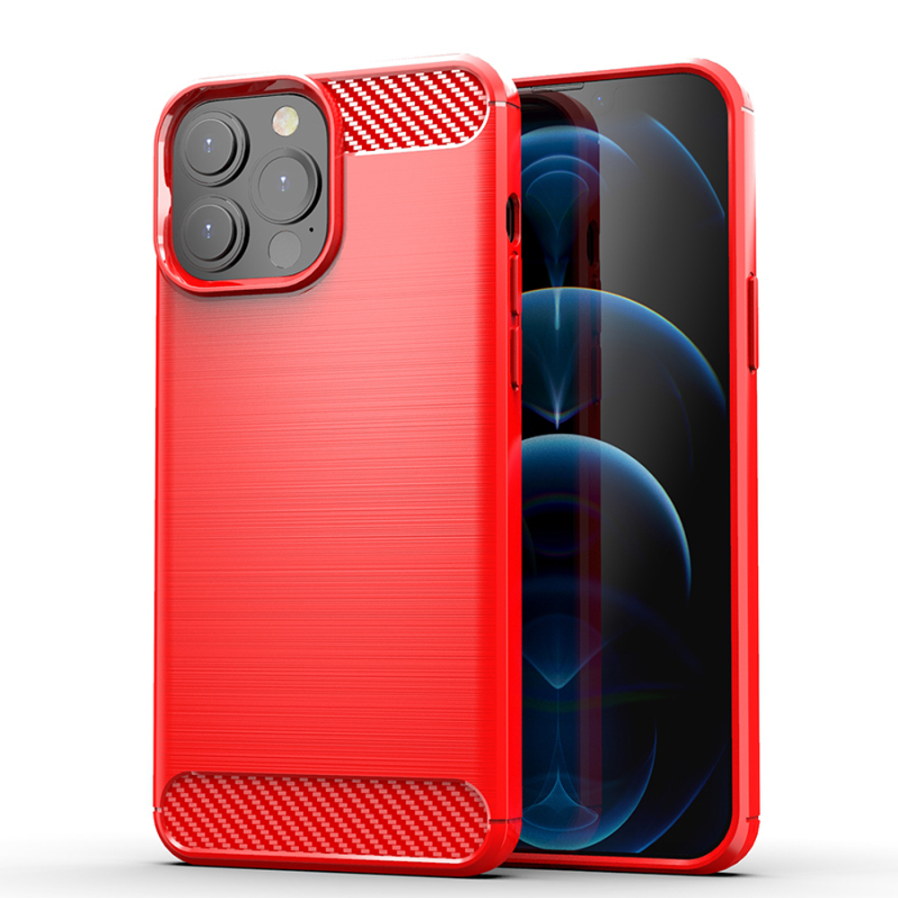 Мягкий защитный чехол красного цвета для iPhone 13 Pro Max, серии Carbon (в стиле карбон) от Caseport