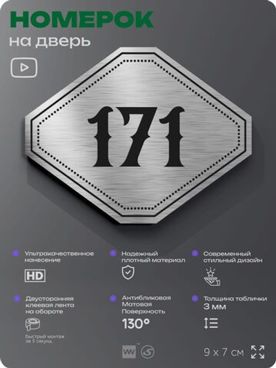 Номерок на дверь квартиры 171, для кабинета, офиса, шильдик 9 х 7 см, серебристый, Айдентика Технолоджи