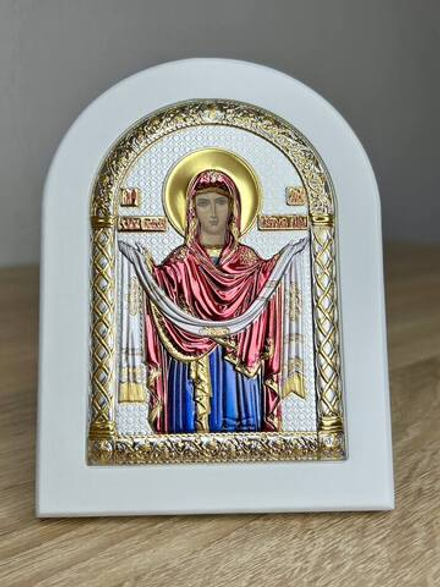 Покрова БМ, икона арочная, белое дерево, эмаль 86х112