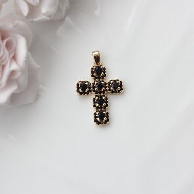 Подвеска Крестик с черными фианитами 27*19 мм, позолота, П1002