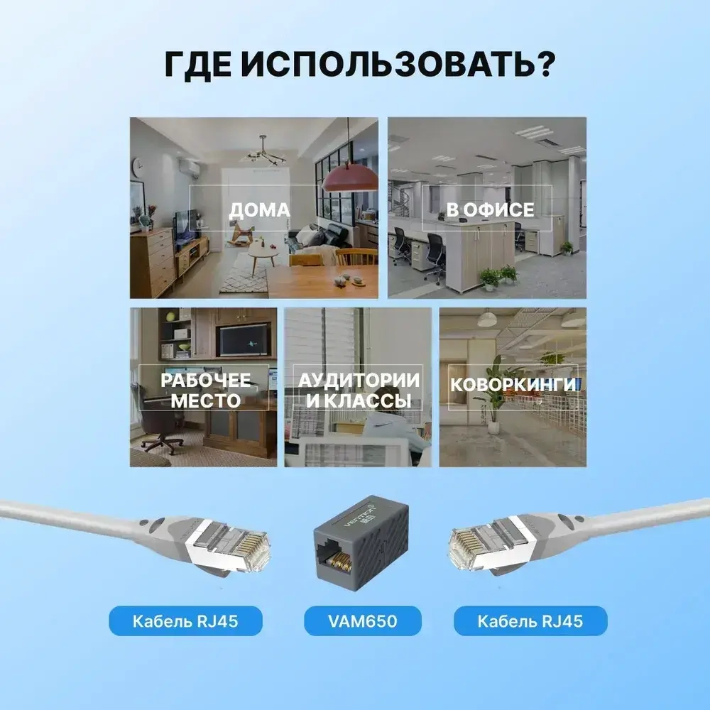 Соединитель RJ45 F (мама) / RJ45 F (мама) 8p8c cat.6 Vention для соединения двух патч-кордов, для интернет-кабеля арт. VAM650