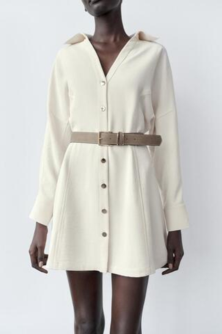 ZARA МИНИ-ПЛАТЬЕ ИЗ КРЕПА С РЕМНЕМ, ЭКРЮ