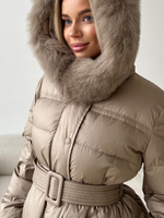 Пуховик Fresh миди с поясом песочный