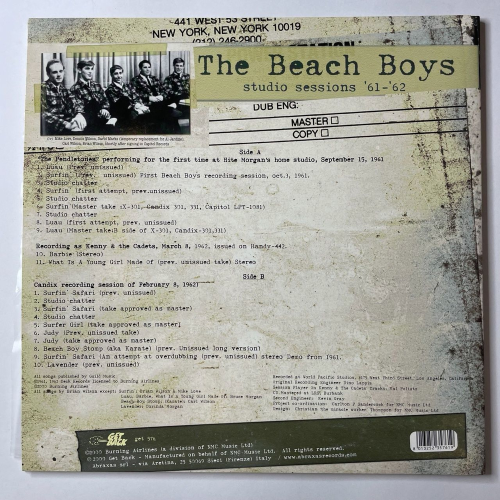 Винтажная виниловая пластинка LP The Beach Boys Studio Sessions 61 62 (Italy 2000)