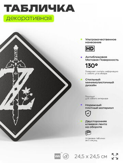 Табличка декоративная "Зельда, The Legend of Zelda" на дверь и стену, прикольная штука в подарок геймеру, декоративный знак, 24,5х24,5 см, Айдентика Технолоджи