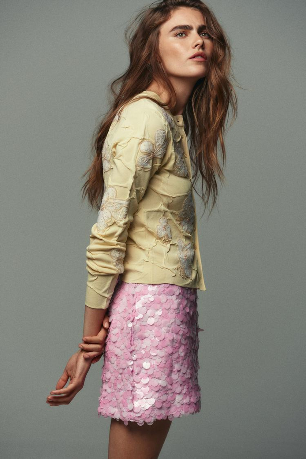 ZARA ВЯЗАНЫЙ КАРДИГАН С БИСЕРОМ, СВЕТЛО-ЖЕЛТЫЙ