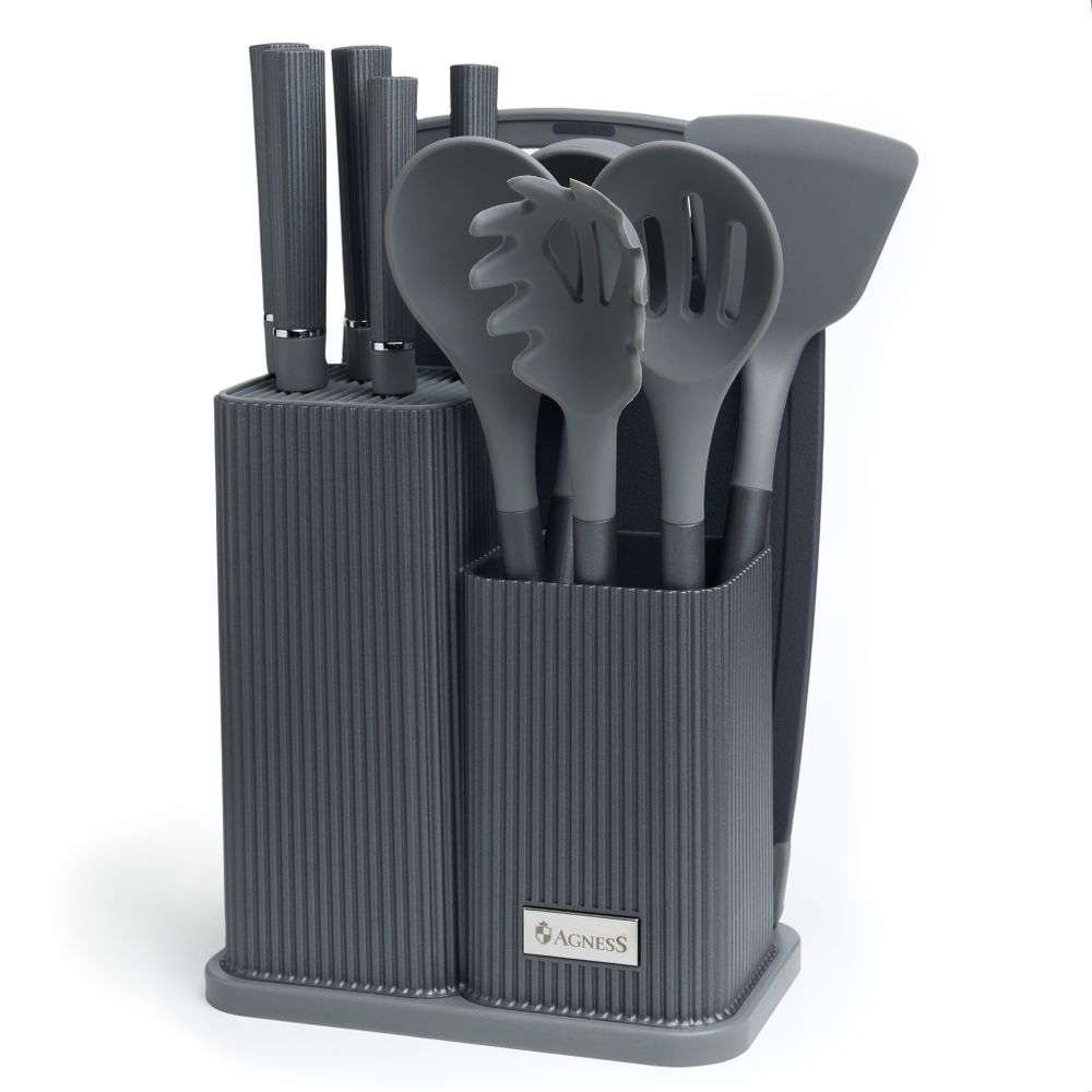 НАБОР AGNESS ИЗ 12ПР: 5 НОЖЕЙ,ДОСКА,ПОДСТАВКА,ПОЛОВНИК,ЛОЖКА,ЛОПАТКА,ШУМОВКА,ЛОЖКА ДЛЯ СПАГЕТТИ