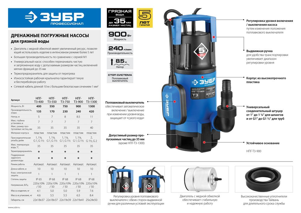 ЗУБР 400 Вт, дренажный насос для грязной воды, Профессионал (НПГ-Т3-400)