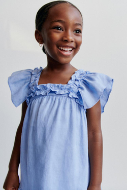 ZARA ПЛАТЬЕ ИЗ 100% ЛЬНА С ВОЛАНАМИ, СИНИЙ