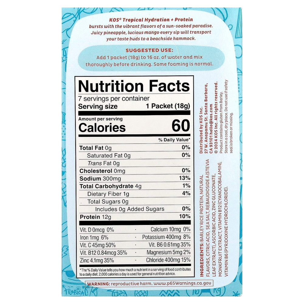 KOS, Hydration + Protein, освежающая смесь для напитков, тропические фрукты, 7 пакетиков по 18 г (0,65 унции)