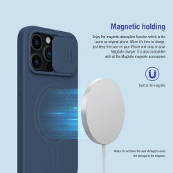 Чехол от Nillkin синего цвета для iPhone 13 Pro Max, с шелковистым покрытием серия CamShield Silky Magnetic Silicone, c поддержкой беспроводной зарядки MagSafe