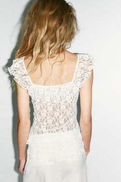 ZARA ТОП С ВОЛАНАМИ И КРУЖЕВОМ, БЕЛЫЙ