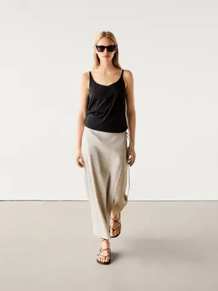 Massimo Dutti Юбка парео из смесового льна в полоску, натуральный, кремовый