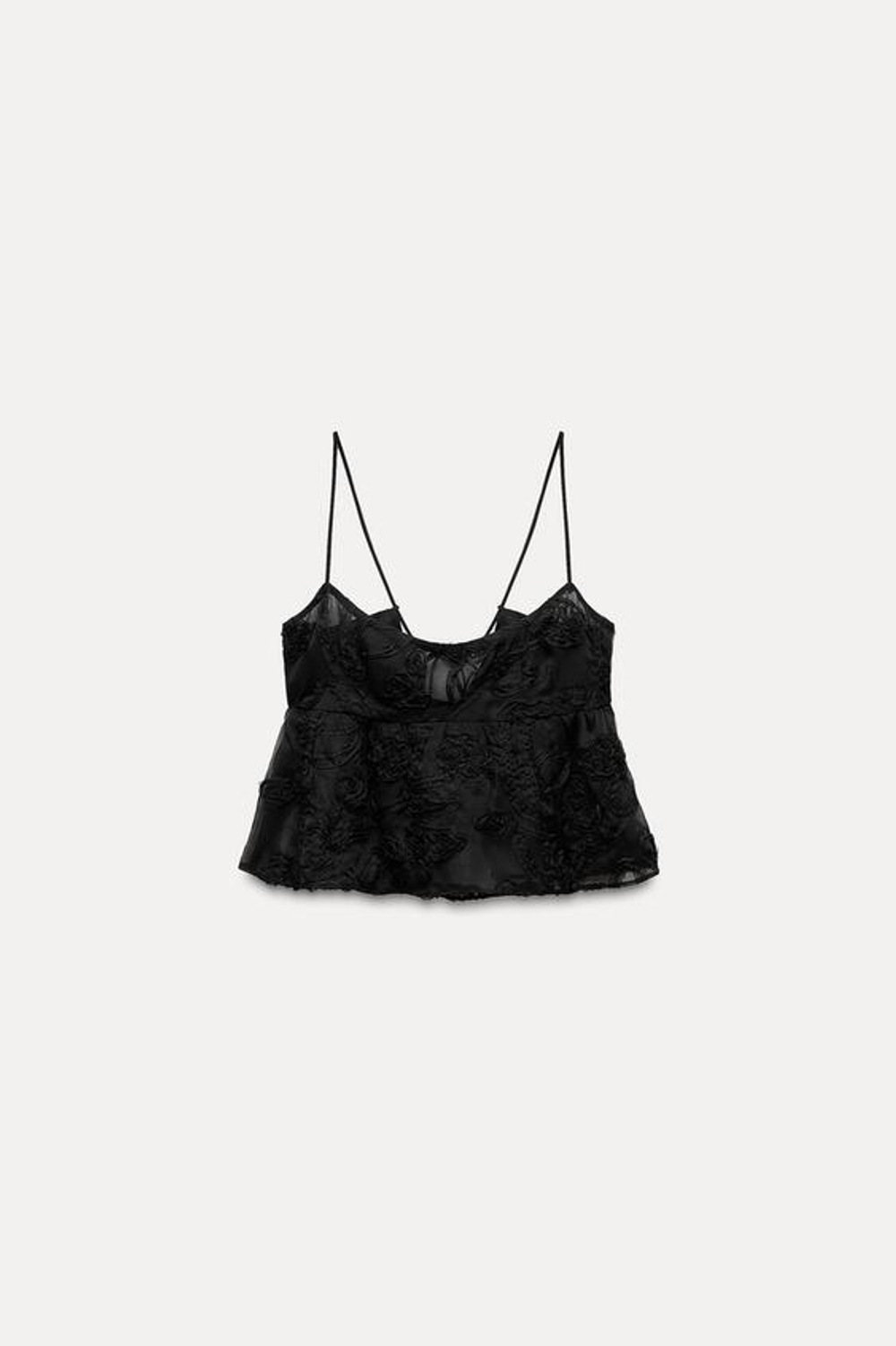 ZARA ТОП В БЕЛЬЕВОМ СТИЛЕ С РЕЛЬЕФНЫМ УЗОРОМ И ЦВЕТОЧНЫМ ПРИНТОМ, ЧЕРНЫЙ