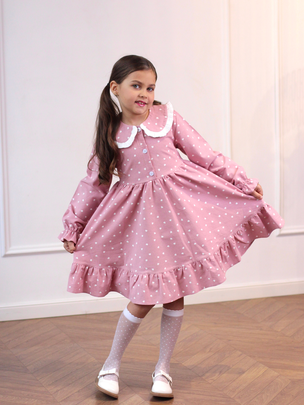 Платье из фланели с длинным рукавом «Сердечки», цвет розовый