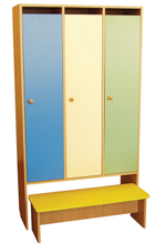 Шкафчик для раздевалки со скамьей для детского сада. 3-секционный, цветной