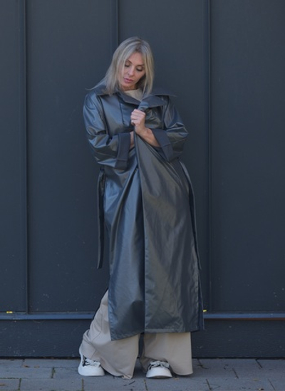 Плащ -пальто с карманами и поясом + башлык 🎁 / серый перламутр