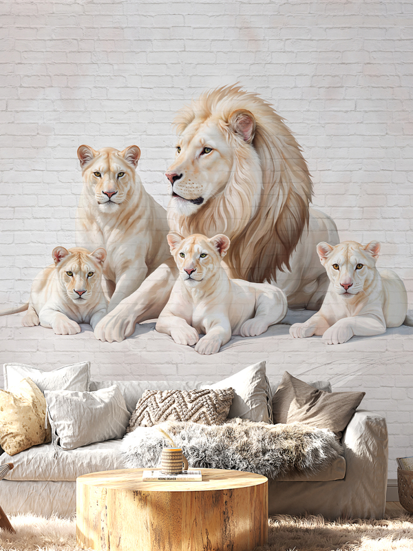 3D Фотообои львы и бежевые кирпичи