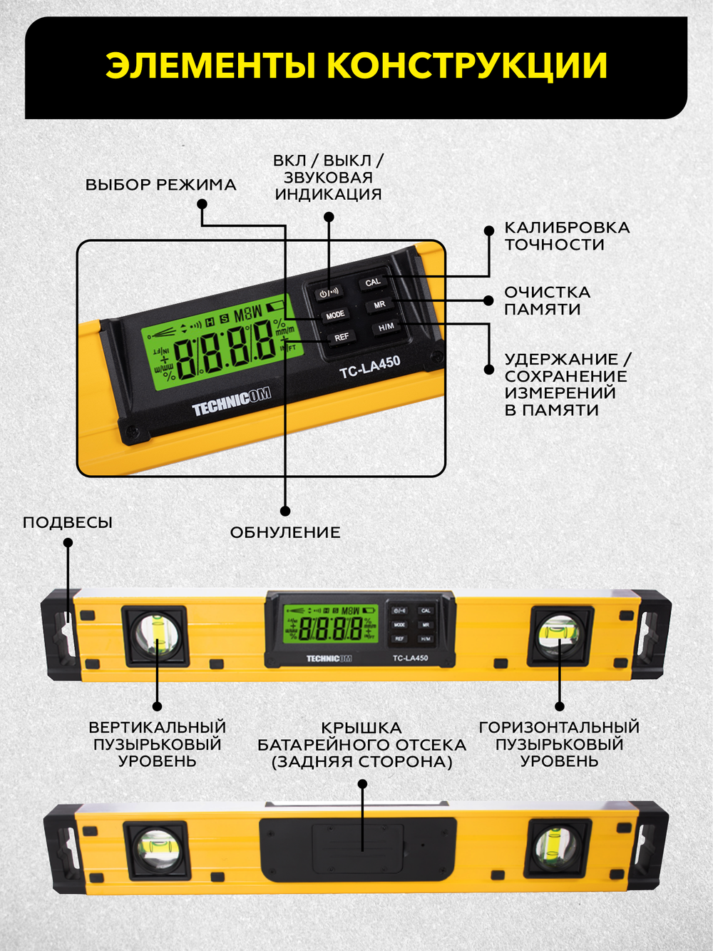 Уровень-угломер электронный с магнитом  450 мм TECHNICOM TC-LA450