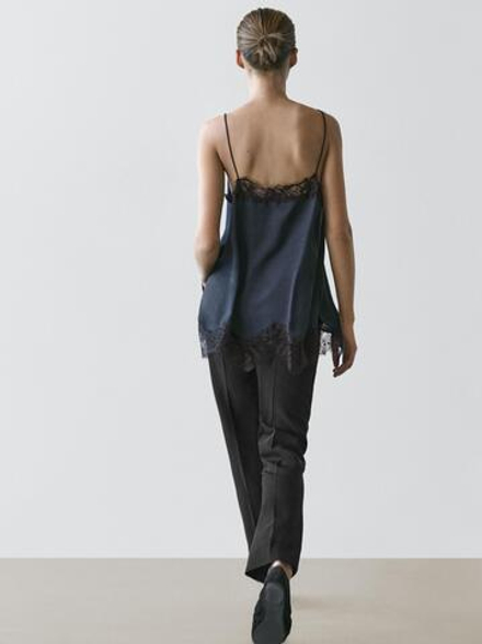 Massimo Dutti Топ в бельевом стиле с контрастной отделкой кружевом, темно-синий