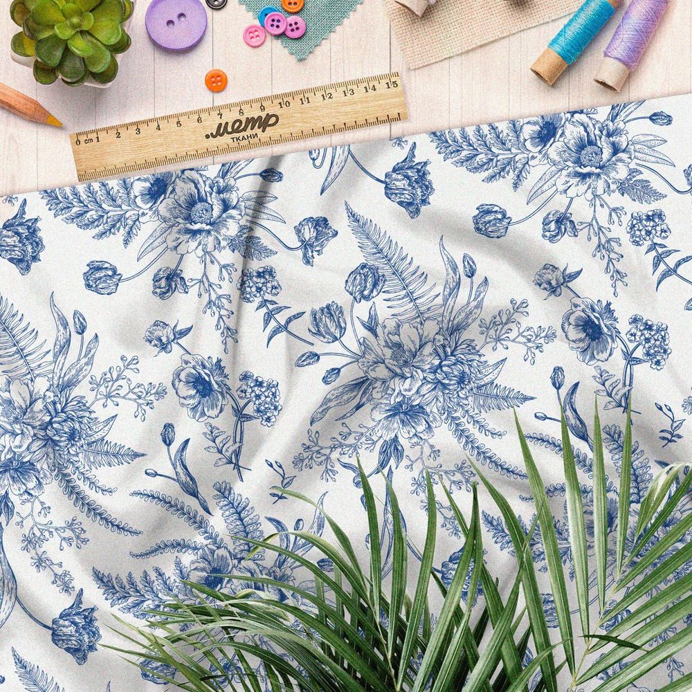 Ткань таффета синие листья и цветы