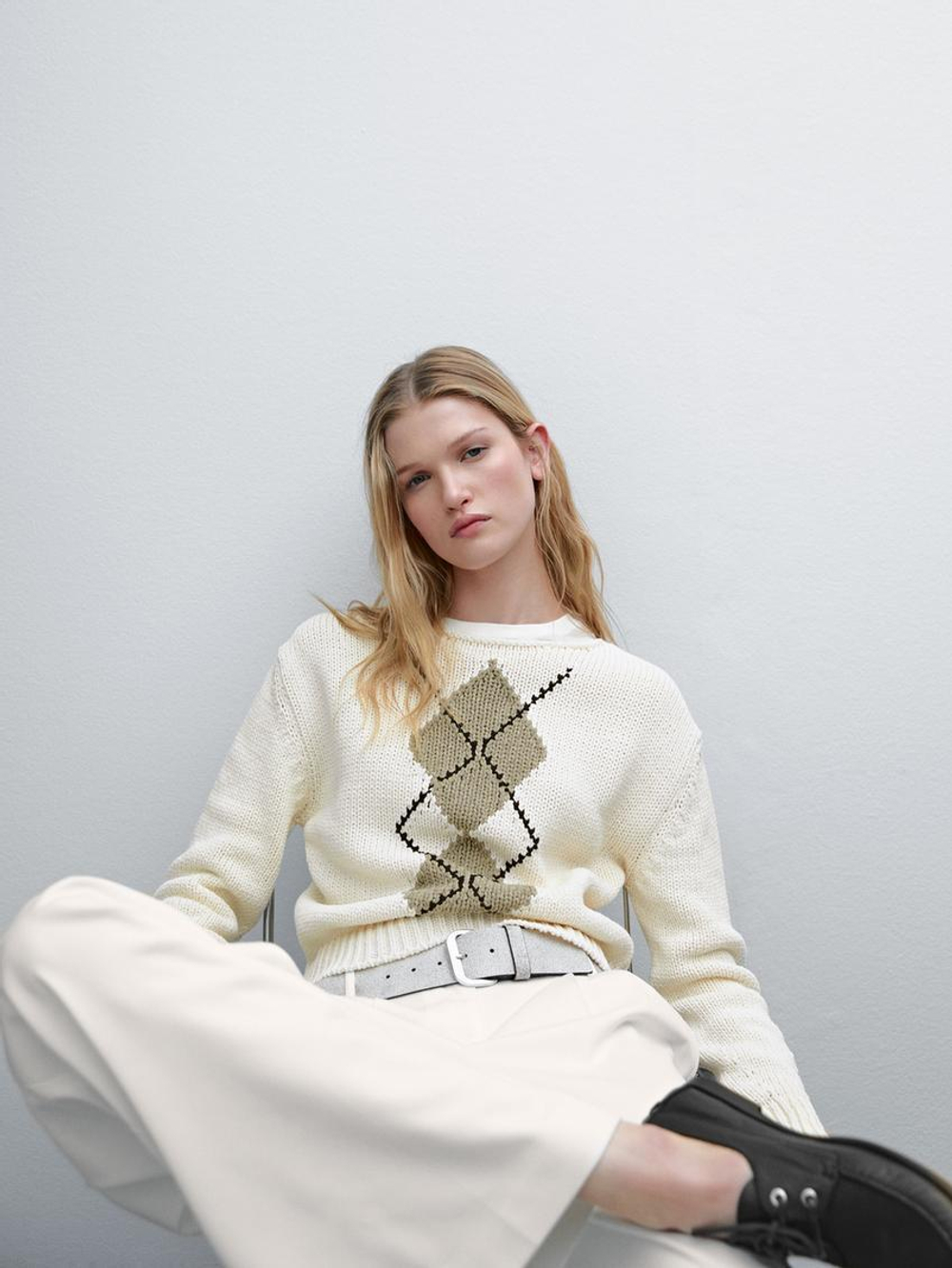 Massimo Dutti Трикотажный свитер с узором, натуральный