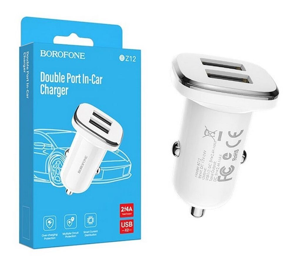 Автомобильный адаптер питания BOROFONE BZ12 2USB 2.4A (белый)