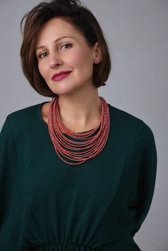 Колье каскад "Венеция, оттенок рябина, венец.стекло, натур.кожа