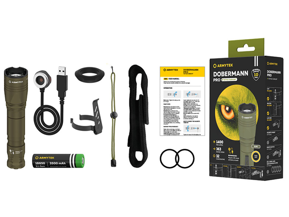 Фонарь подствольный Armytek Dobermann Pro Magnet USB Olive XHP35 HI, 1400 lm, тёплый, до 363м, 1x18650, IP68, 114г