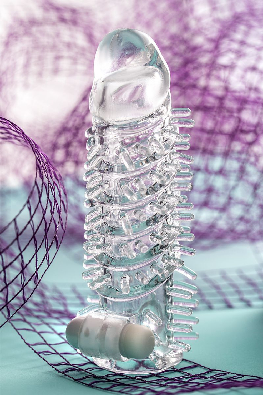 Насадка на пенис TOYFA A-Toys с вибропулей и шипами - 13,4 см. (Цвет: прозрачный)