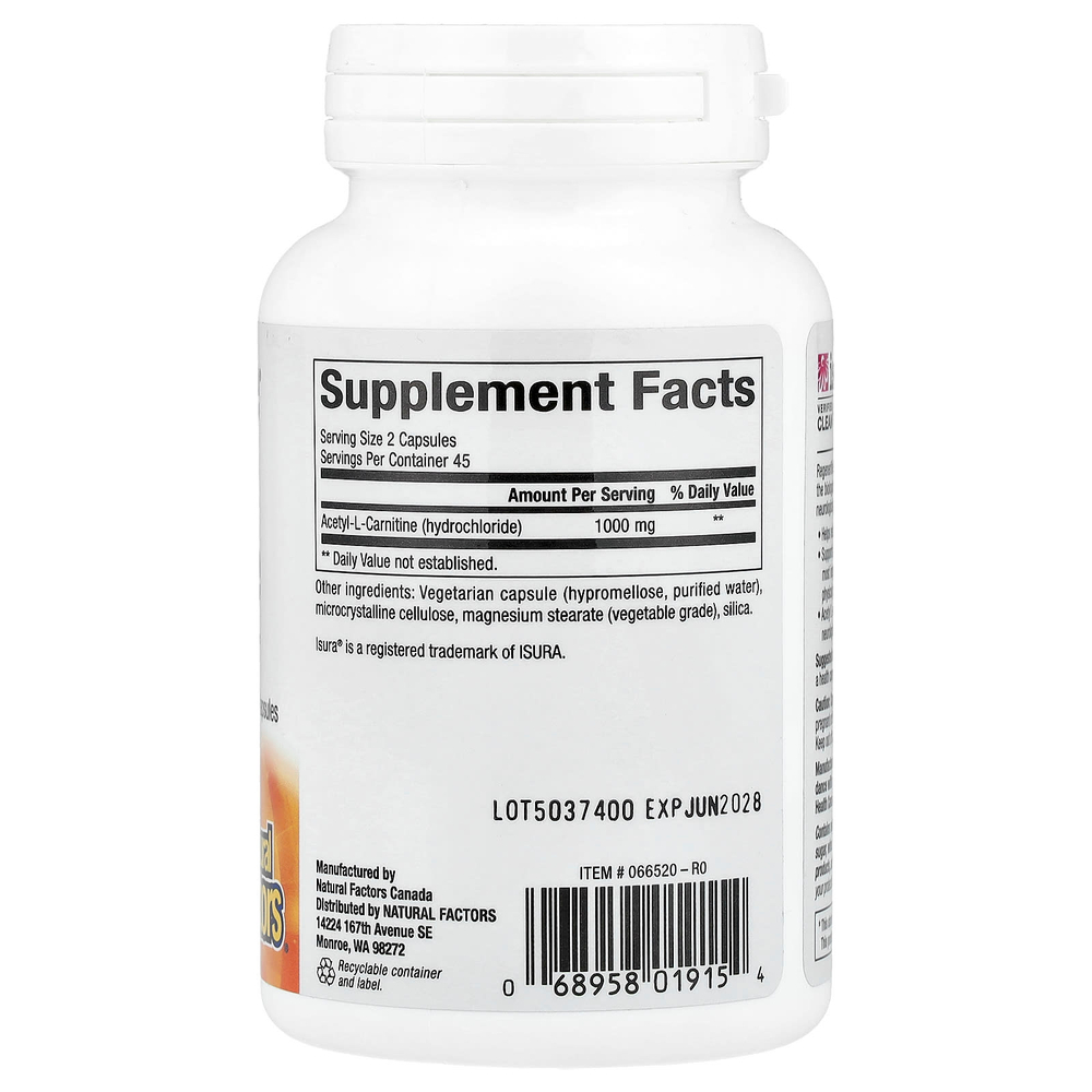 Natural Factors, RegenerLife®, ацетил-L-карнитин, 90 вегетарианских капсул (500 мг на капсулу)