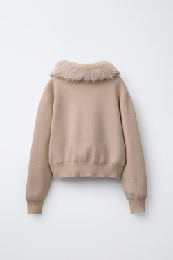 ZARA ТРИКОТАЖНЫЙ КАРДИГАН СО СЪЕМНЫМ ВОРОТНИКОМ ИЗ ИСКУССТВЕННОГО МЕХА, БЕЖЕВЫЙ