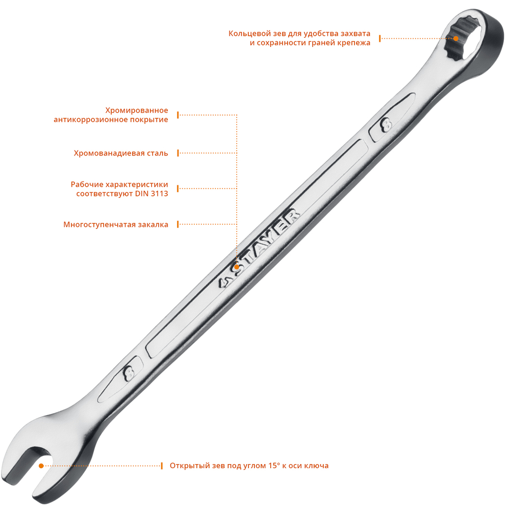 STAYER HERCULES, 8 мм, комбинированный гаечный ключ, Professional (27081-08)