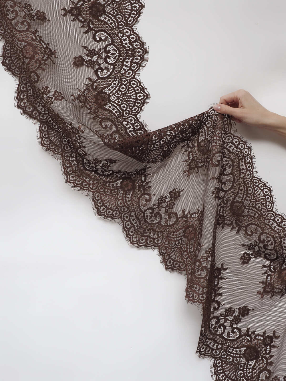 Кружево шантильи для белья шоколад широкое неэластичное ширина 36 см купон 2.9 м
