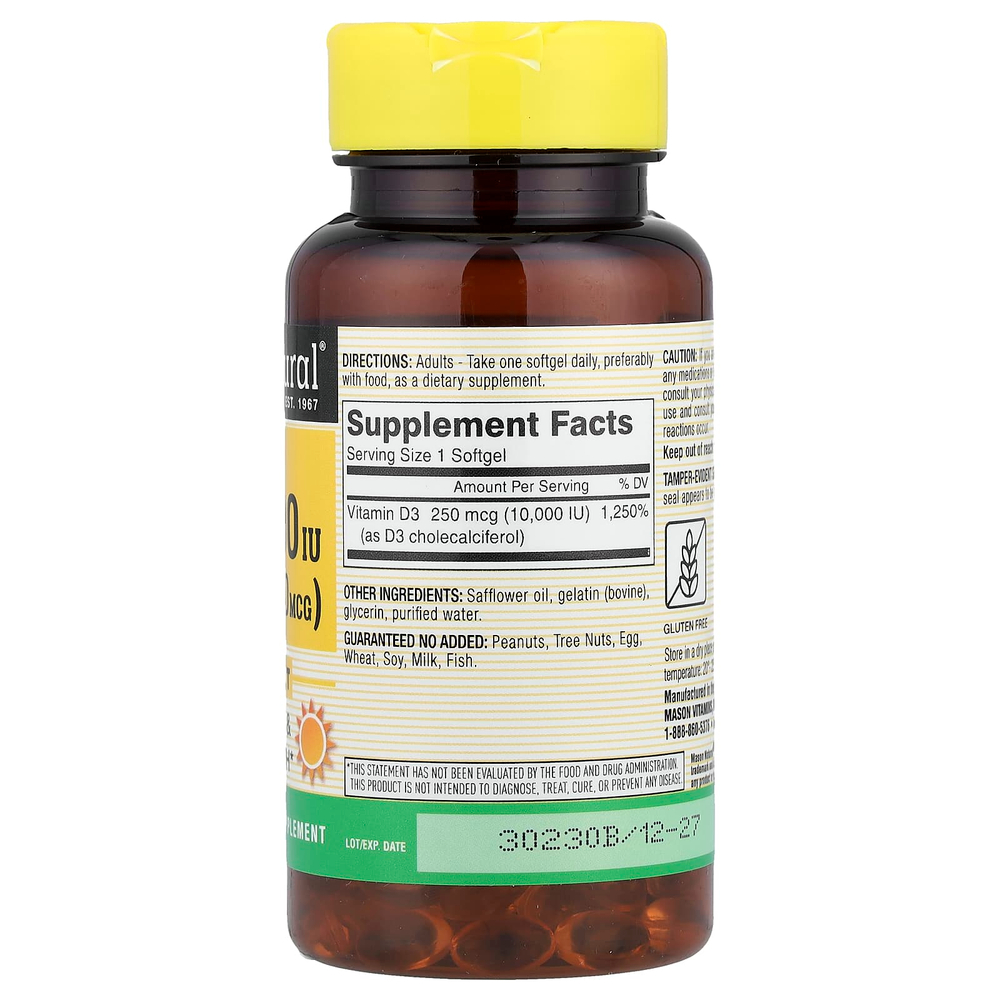 Mason Natural, Витамин D3, 250 мкг (10 000 МЕ), 60 мягких таблеток