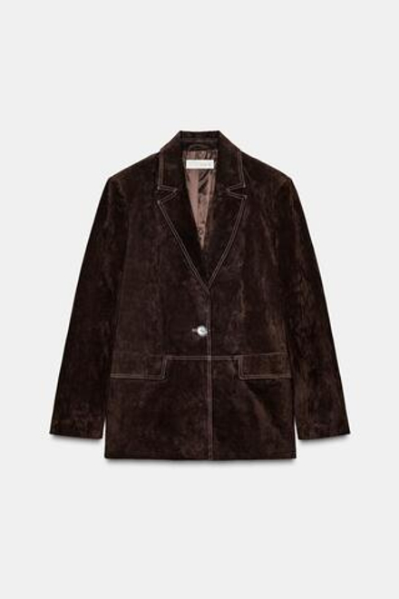 ZARA ПРЯМОЙ БЛЕЙЗЕР ИЗ 100% КОЖИ, КОРИЧНЕВЫЙ