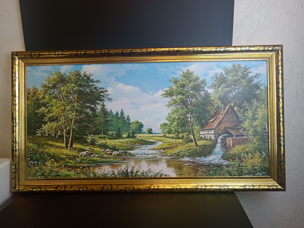 Картина в раме Дом у реки. 76 х 40,5 см