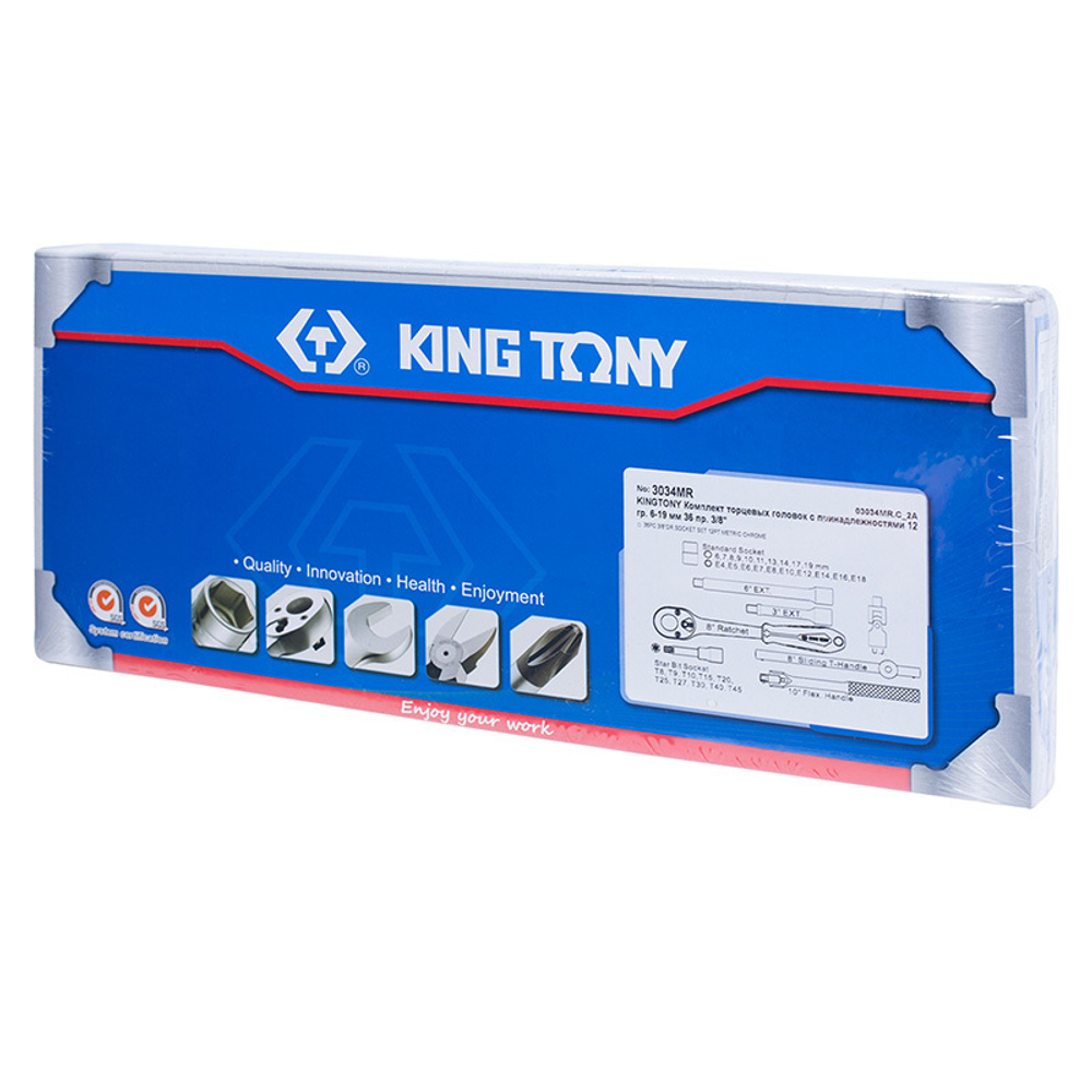 KING TONY (3034MR) Набор торцевых головок с принадлежностями 3/8", 12-гранные, 6-19 мм и E4-E18, 36 предметов