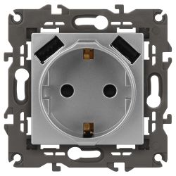 14-4109-03 ЭРА Розетка 2P+E 16A-250В, штор. с 2xUSB 5В-3А, Эра Elegance, алюминий