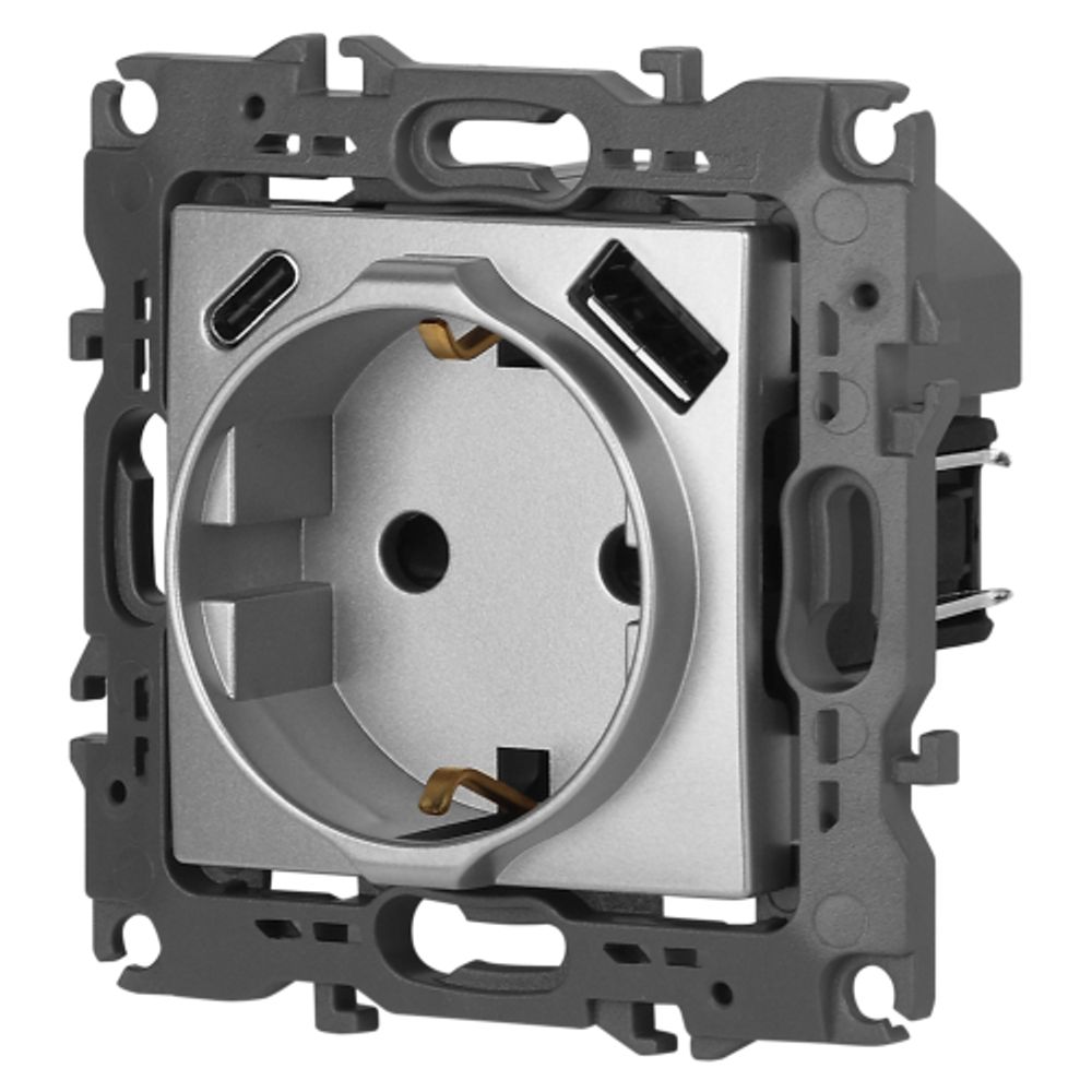 Розетка ЭРА Серия 12 12-4108-03 2P+E 16A-250В со шторками с USB type-A+C 5В-3А алюминий | Эра 12