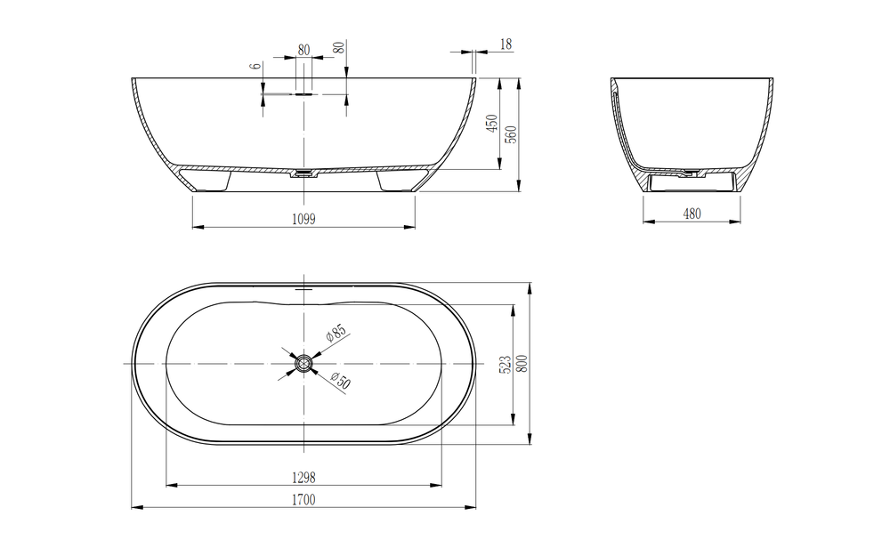 Ванна из искусственного камня Vincea VBT-4S04MW, 1700*800*560, белый мат., слив-перелив в комплекте