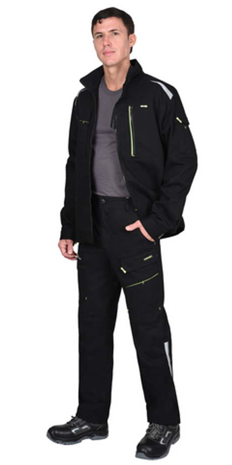Костюм СИРИУС-ДЕКСТЕР куртка, брюки, черный с лимонной отделкой, тк. стрейч с ВО