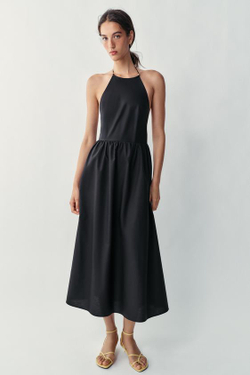 ZARA ПЛАТЬЕ МИДИ ИЗ ПОПЛИНА, ЧЕРНЫЙ