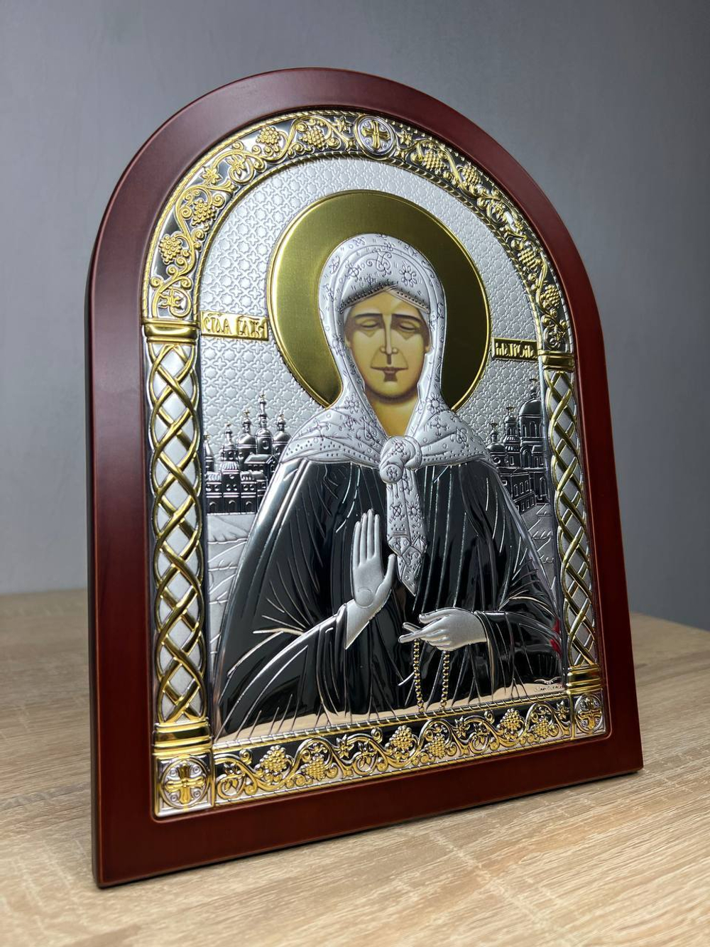 Матрона, икона арочная, красное дерево 206х275