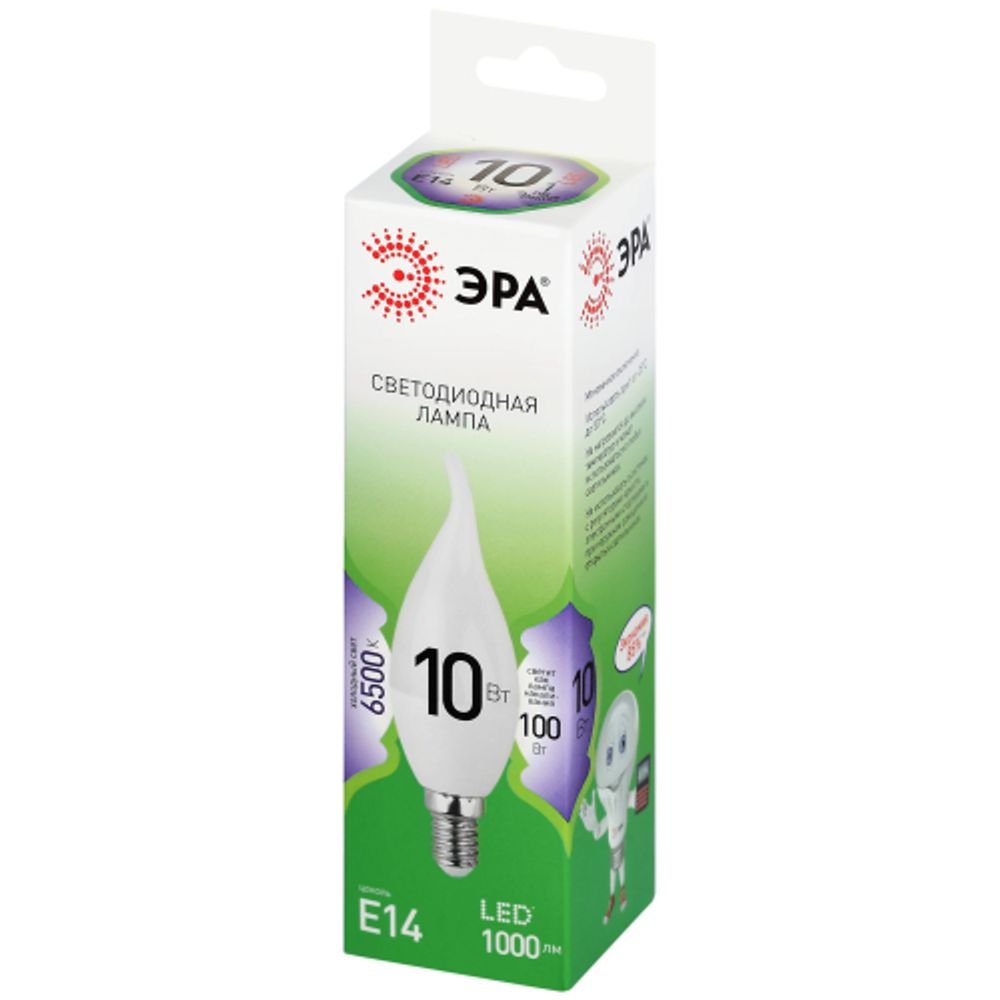 Лампа светодиодная ЭРА GREEN LINE LED BXS-10W-865-E14 GL 10Вт свеча на ветру холодный свет E14 | Лампы cветодиодные Свеча (B/C)