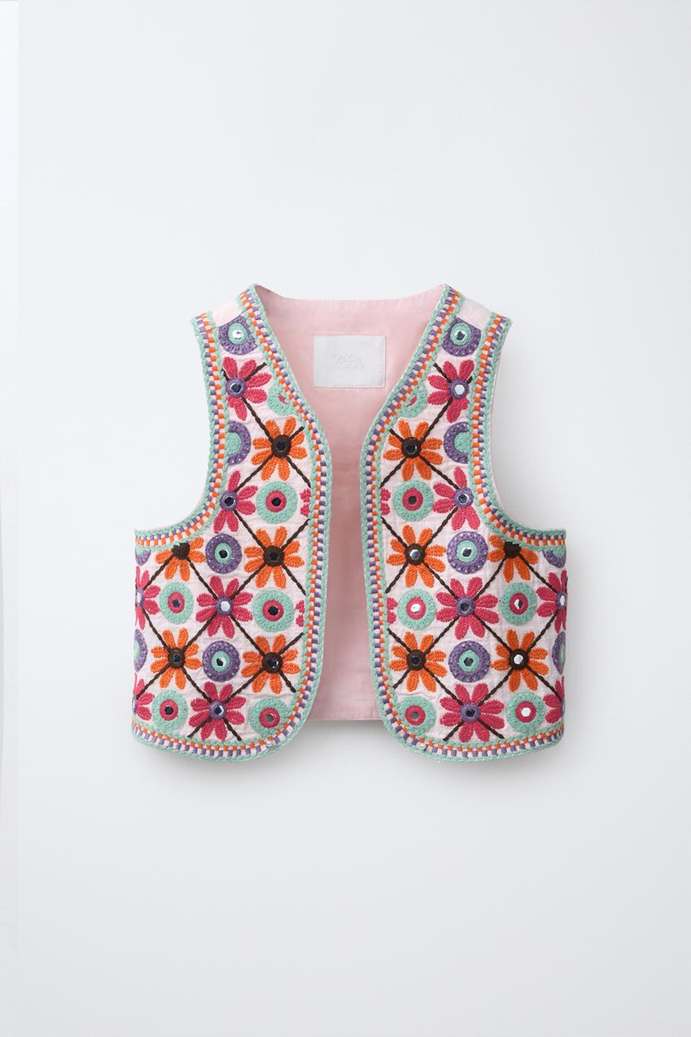 ZARA ЖИЛЕТ С ВЫШИВКОЙ И ЗЕРКАЛЬНЫМИ АППЛИКАЦИЯМИ, РАЗНОЦВЕТНЫЙ