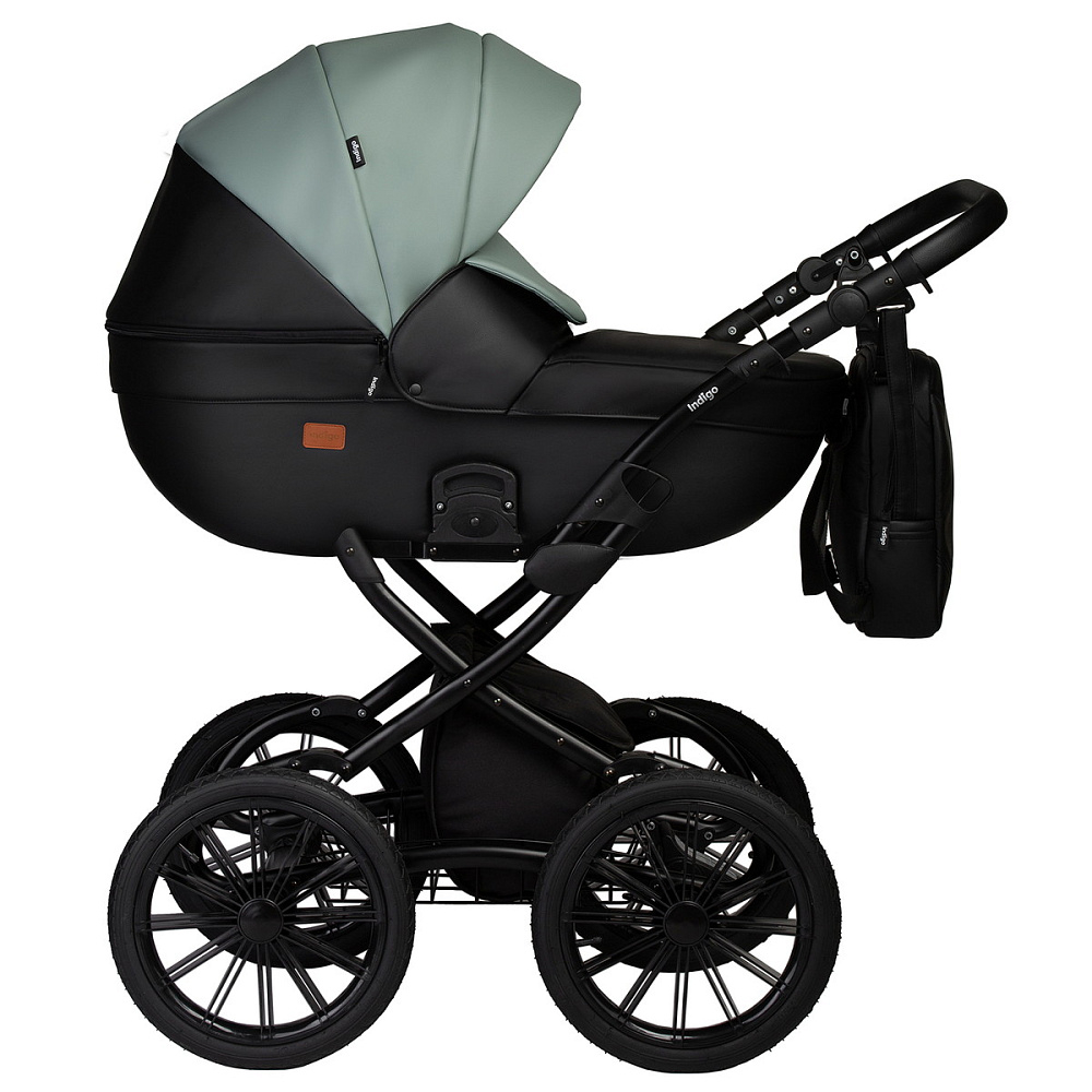 Детская коляска Indigo Mio Eco Plus 14 3 в 1 с автокреслом Avionaut Cosmo Black 05 черная кожа+шалфей кожа