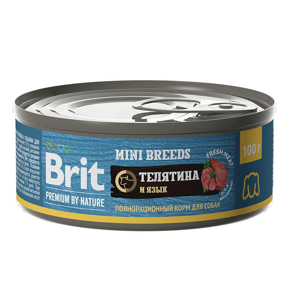 Консервы Brit Premium By Nature с телятиной и языком для взрослых собак мелких пород 100 г