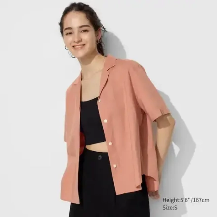UNIQLO РУБАШКА С ОТКРЫТЫМ ВОРОТОМ ИЗ ЛЬНЯНОЙ СМЕСИ И КОРОТКИМИ РУКАВАМИ, ОРАНЖЕВЫЙ